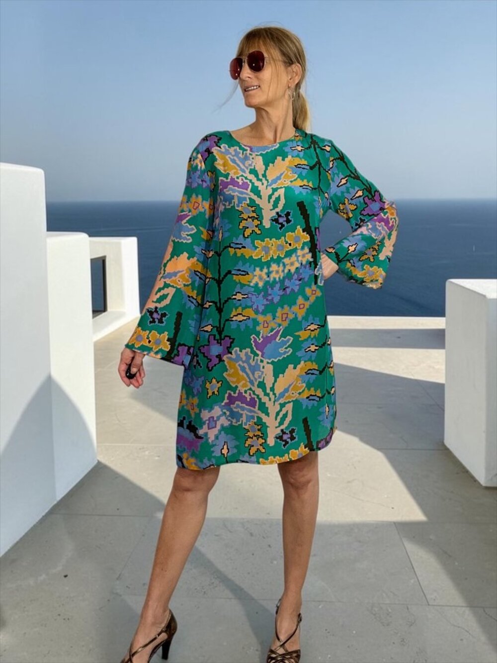 Oliphant Green Bukhara Dress S Floral Mini Long Sleeve Shift